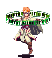 A pixel-art figure with red hair and a pale robe, circled by a ring of green binary code.