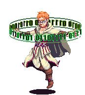A pixel-art figure with red hair and a pale robe, circled by a ring of green binary code.