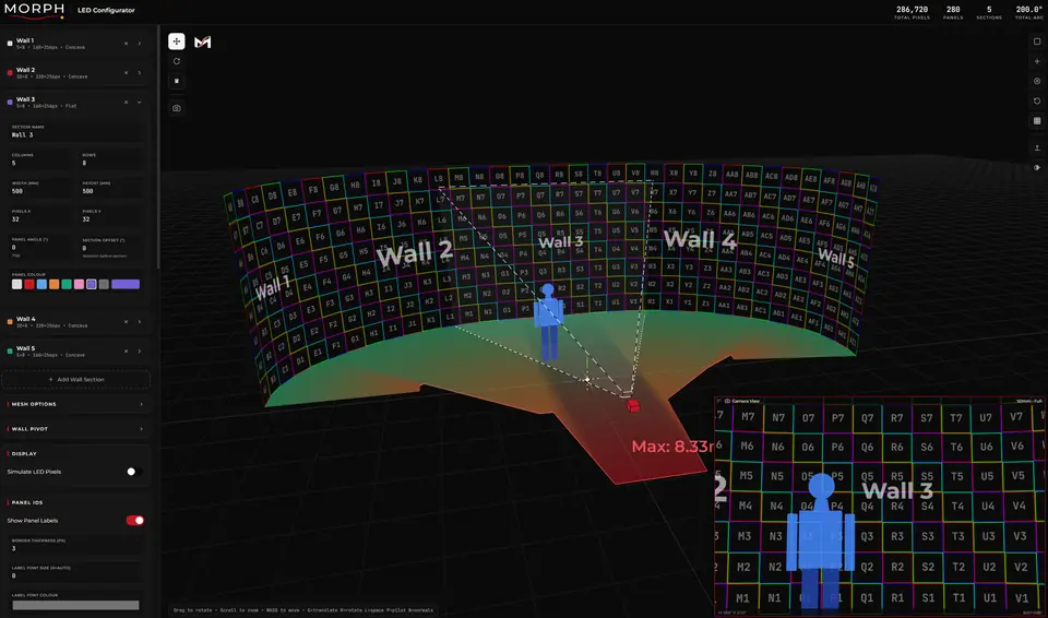 LED Configurator showing a curved LED volume of five wall sections with every panel numbered, the section settings on the left, totals of 286,720 pixels and 280 panels across a 200-degree arc, and a 50 mm camera view of the wall with a figure for scale.