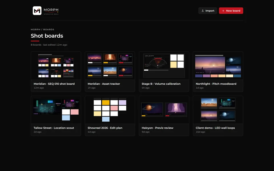 Morph Boards showing eight production boards, including a shot board, an asset tracker and a volume calibration board.