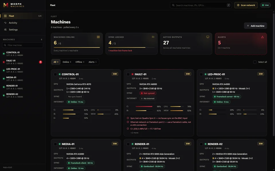 Morph Machines fleet view showing six render and playback nodes, their sync status and an alert for lost house sync.