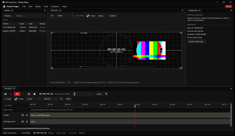 Morph Magic playing a test pattern on a 1920 by 540 LED canvas, with a two-track timeline beneath.