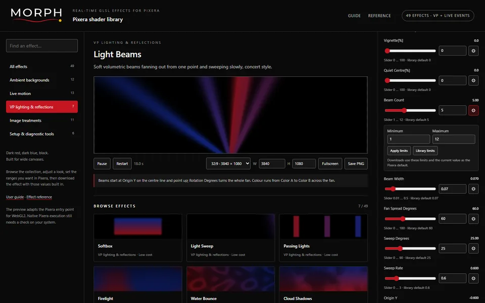 Morph Shaders library previewing the Light Beams effect in red and blue on a 32:9 canvas, with parameter sliders.